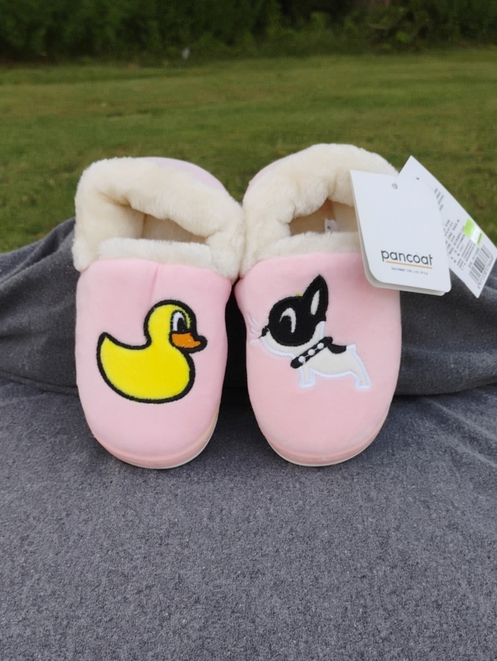 Pancoat Kids Pink Plush Footie Slippers with Duck & Dog Appliqués